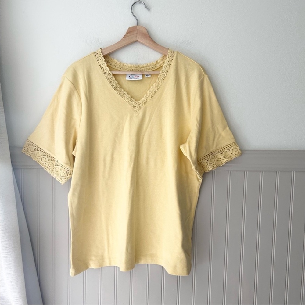 Denim&Co Sunny Yellow Lace Short Sleeve Tee XL